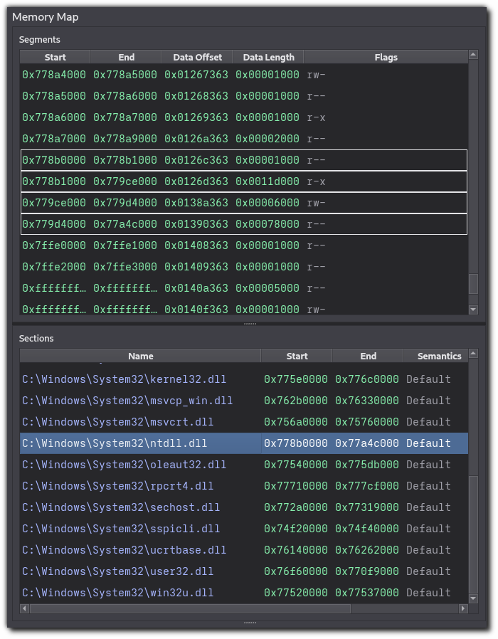 Screenshot showing the Memory Map window with the loaded minidump's memory segments and modules (i.e. "sections")