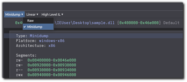 Screenshot showing the Minidump binary view type in the dropdown list of available binary views for an open binary